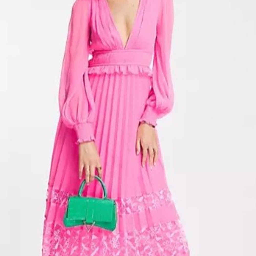 ASOS DESIGN Exclusive plunge pleated midi dress with lace insert hem in hot